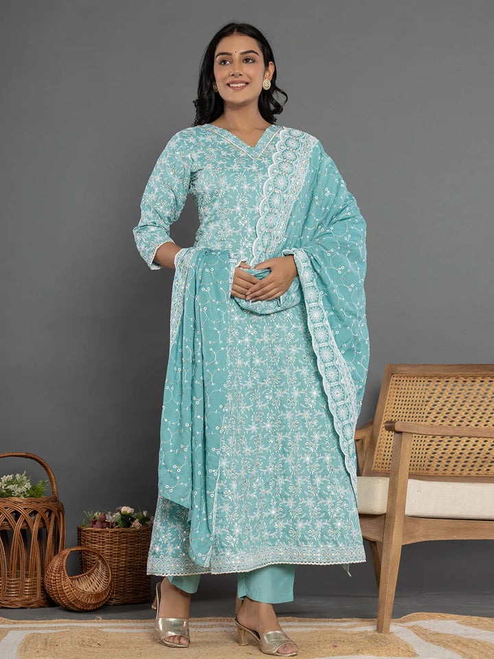 Sea Green Cotton Silk Embroidered Anarkali Kurta Dupatta Set-Yufta Store-7153SKDSGS