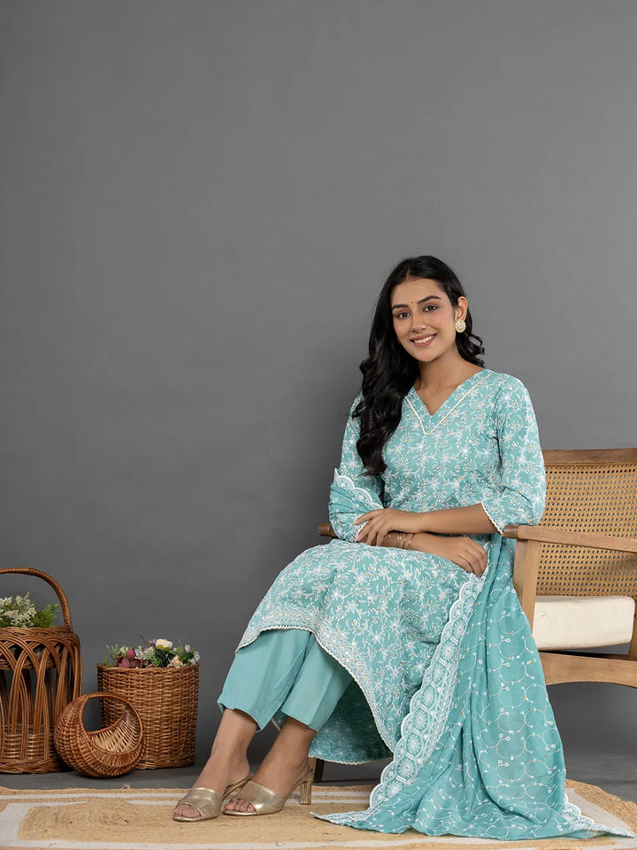 Sea Green Cotton Silk Embroidered Anarkali Kurta Dupatta Set-Yufta Store-7153SKDSGS