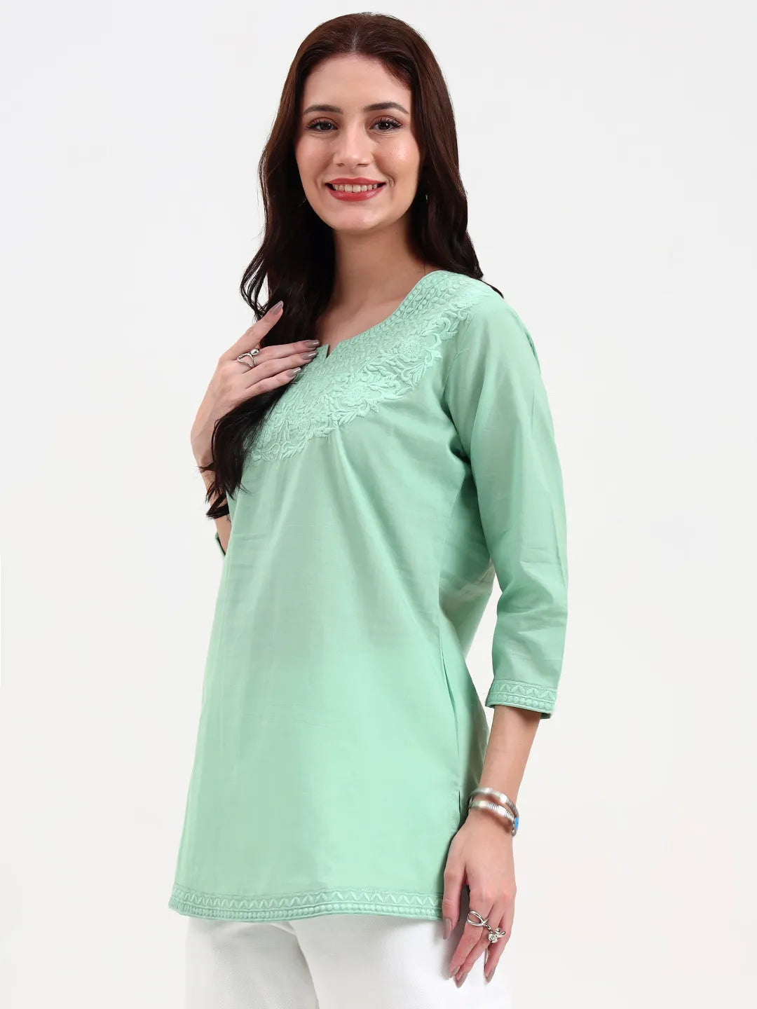 Sea Green Cotton Straight Peplum Top-Yufta Store-6662TOPSGS
