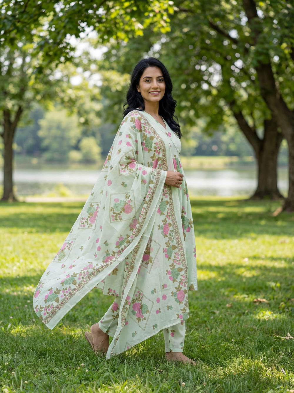 Sea Green Floral Print A-Line Kurta Trouser Dupatta Set-Yufta Store-7636SKDSGM