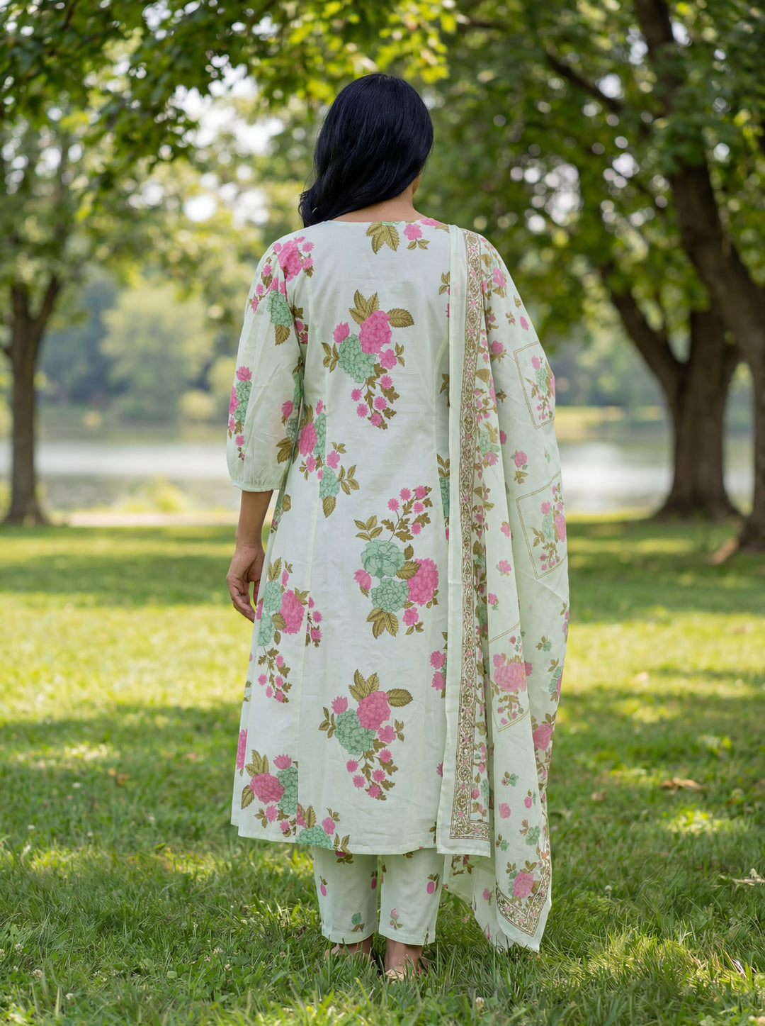 Sea Green Floral Print A-Line Kurta Trouser Dupatta Set-Yufta Store-7636SKDSGM