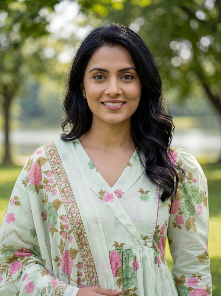 Sea Green Floral Print A-Line Kurta Trouser Dupatta Set-Yufta Store-7636SKDSGM