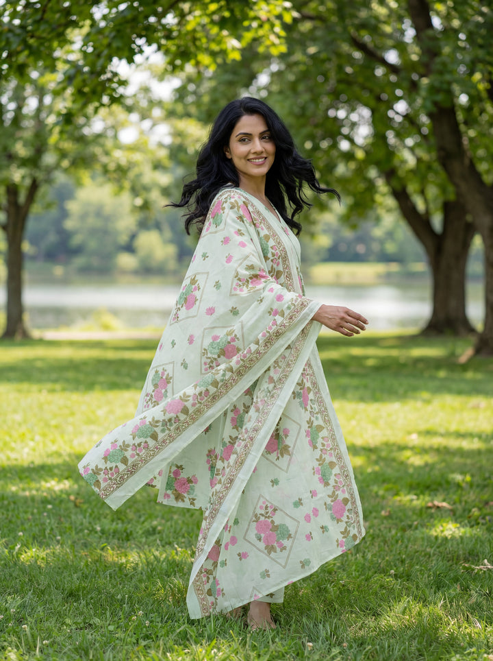 Sea Green Floral Print A-Line Kurta Trouser Dupatta Set-Yufta Store-7636SKDSGM