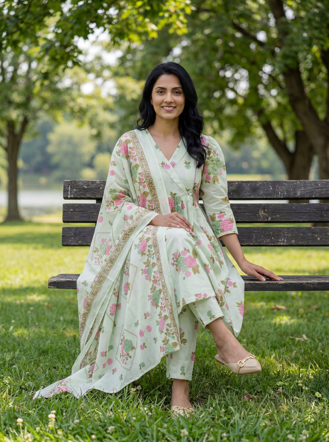 Sea Green Floral Print A-Line Kurta Trouser Dupatta Set-Yufta Store-7636SKDSGM