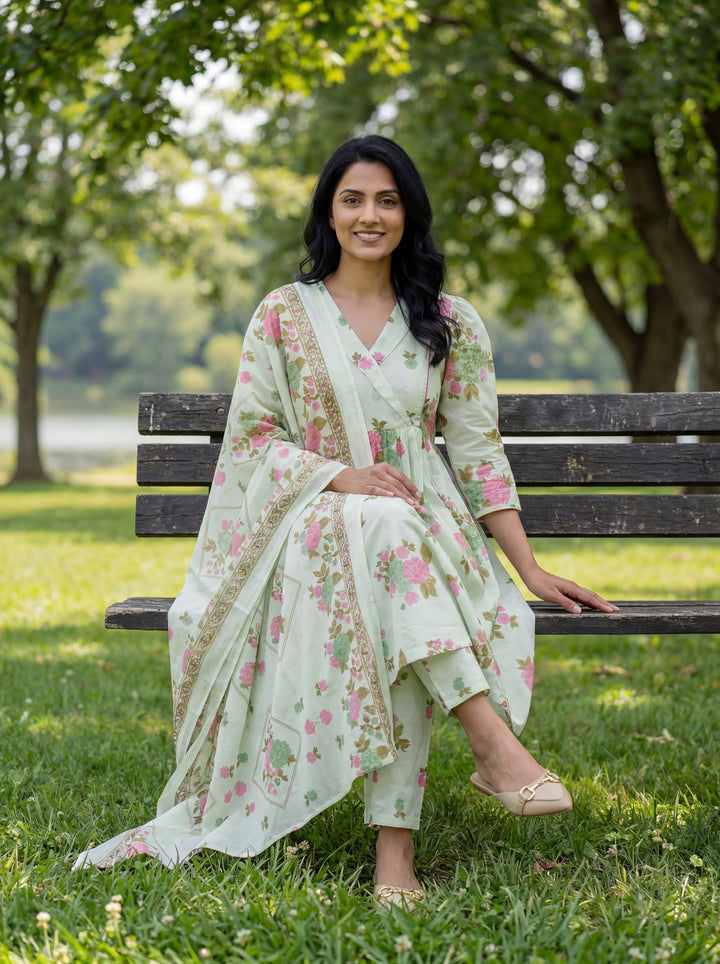 Sea Green Floral Print A-Line Kurta Trouser Dupatta Set-Yufta Store-7636SKDSGM