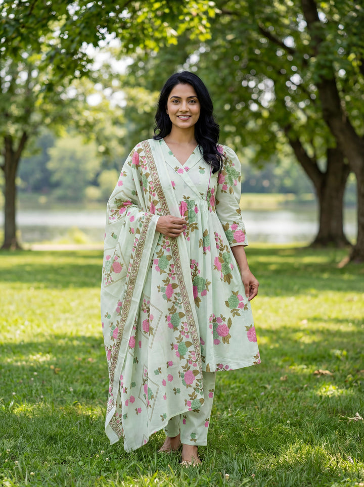 Sea Green Floral Print A-Line Kurta Trouser Dupatta Set-Yufta Store-7636SKDSGM