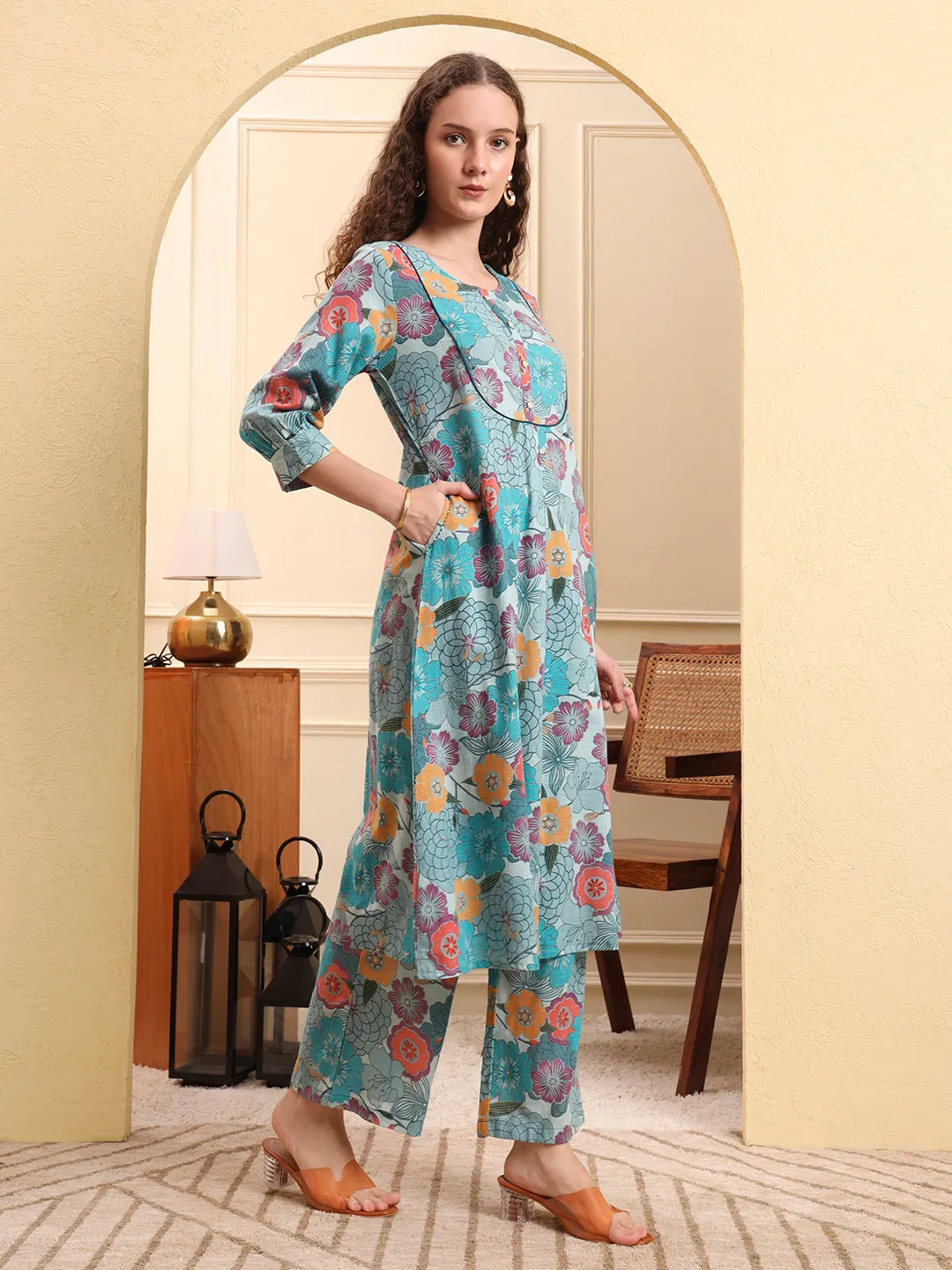 Sea Green Floral Print A-Line Kurta Trouser Set-Yufta Store-6640SETSGM