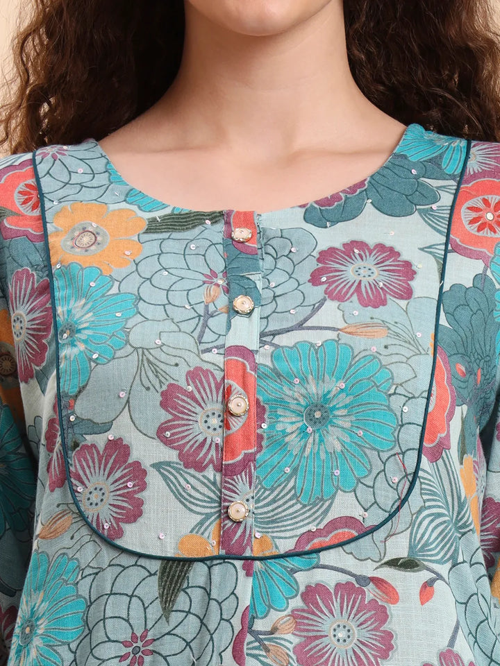 Sea Green Floral Print A-Line Kurta Trouser Set-Yufta Store-6640SETSGM
