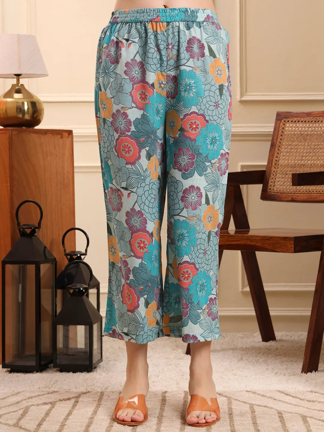 Sea Green Floral Print A-Line Kurta Trouser Set-Yufta Store-6640SETSGM