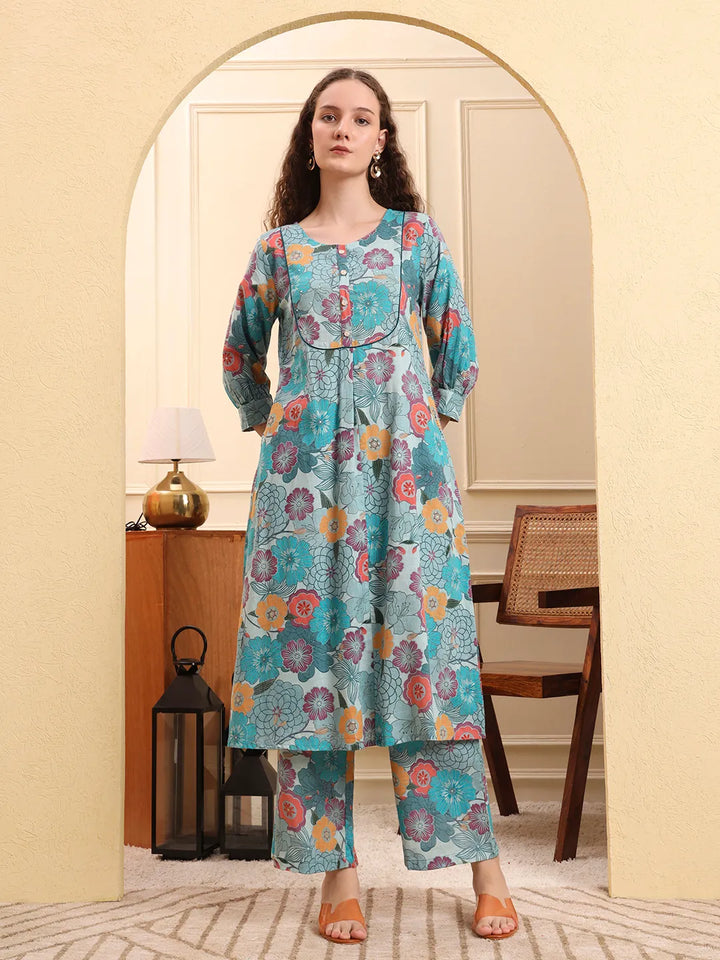 Sea Green Floral Print A-Line Kurta Trouser Set-Yufta Store-6640SETSGM