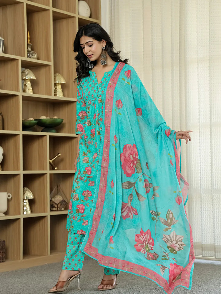 Sea Green Floral Print ALine Kurta Trouser Dupatta Set-Yufta Store-6422SKDSGM