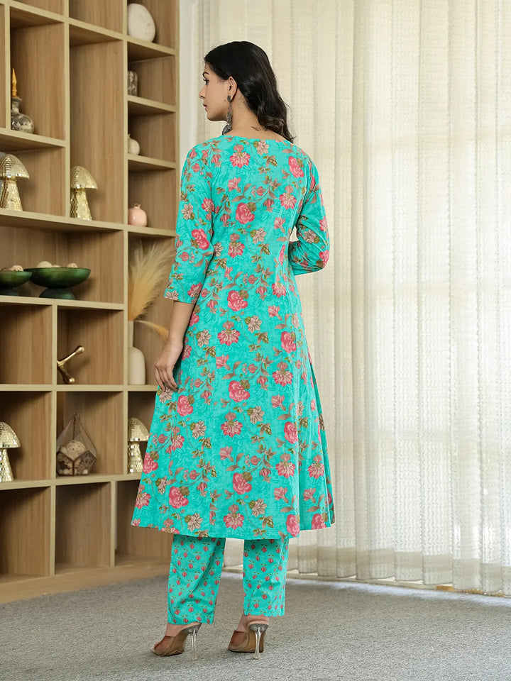 Sea Green Floral Print ALine Kurta Trouser Dupatta Set-Yufta Store-6422SKDSGM