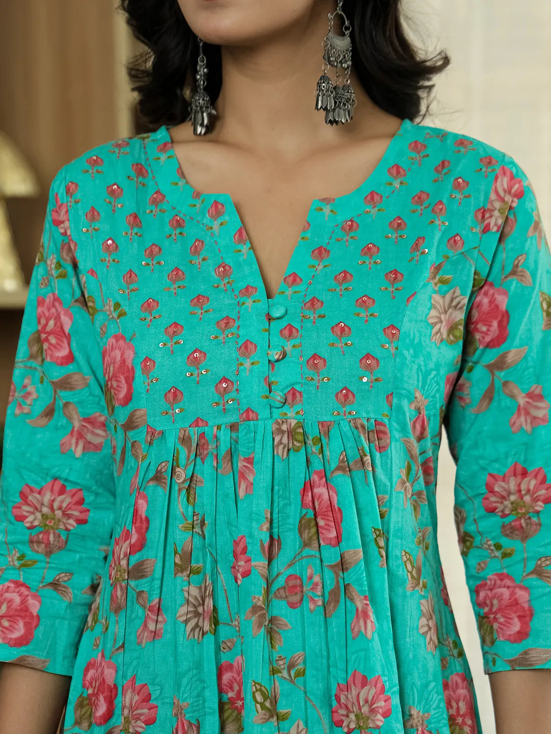 Sea Green Floral Print ALine Kurta Trouser Dupatta Set-Yufta Store-6422SKDSGM
