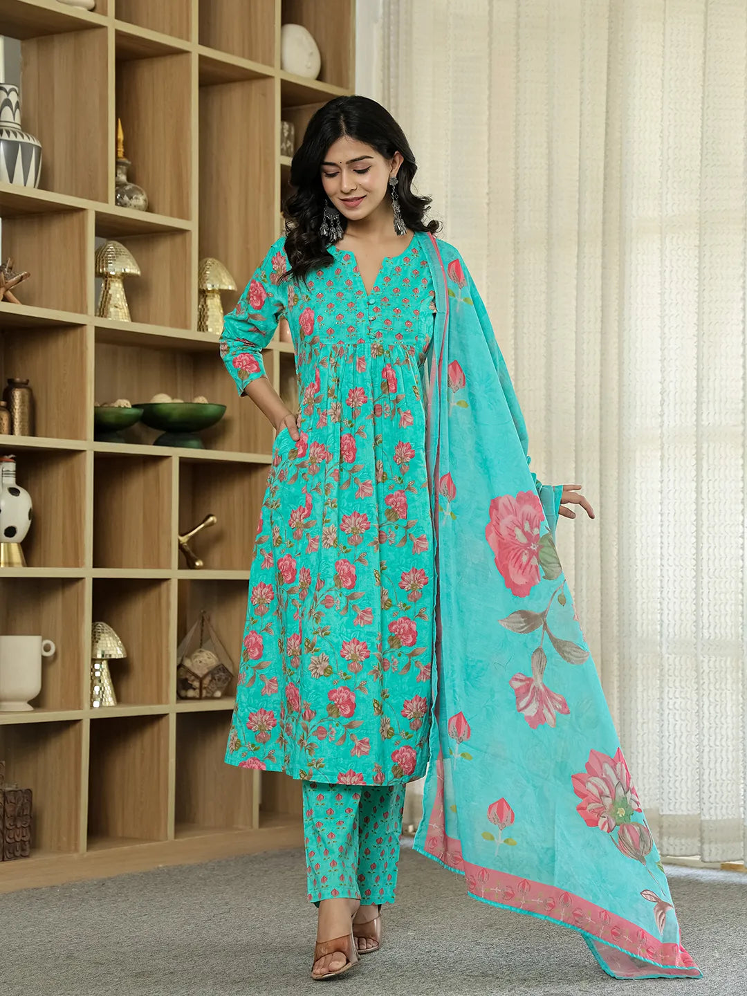 Sea Green Floral Print ALine Kurta Trouser Dupatta Set-Yufta Store-6422SKDSGM