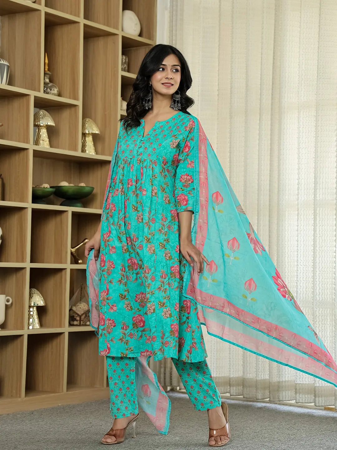 Sea Green Floral Print ALine Kurta Trouser Dupatta Set-Yufta Store-6422SKDSGM