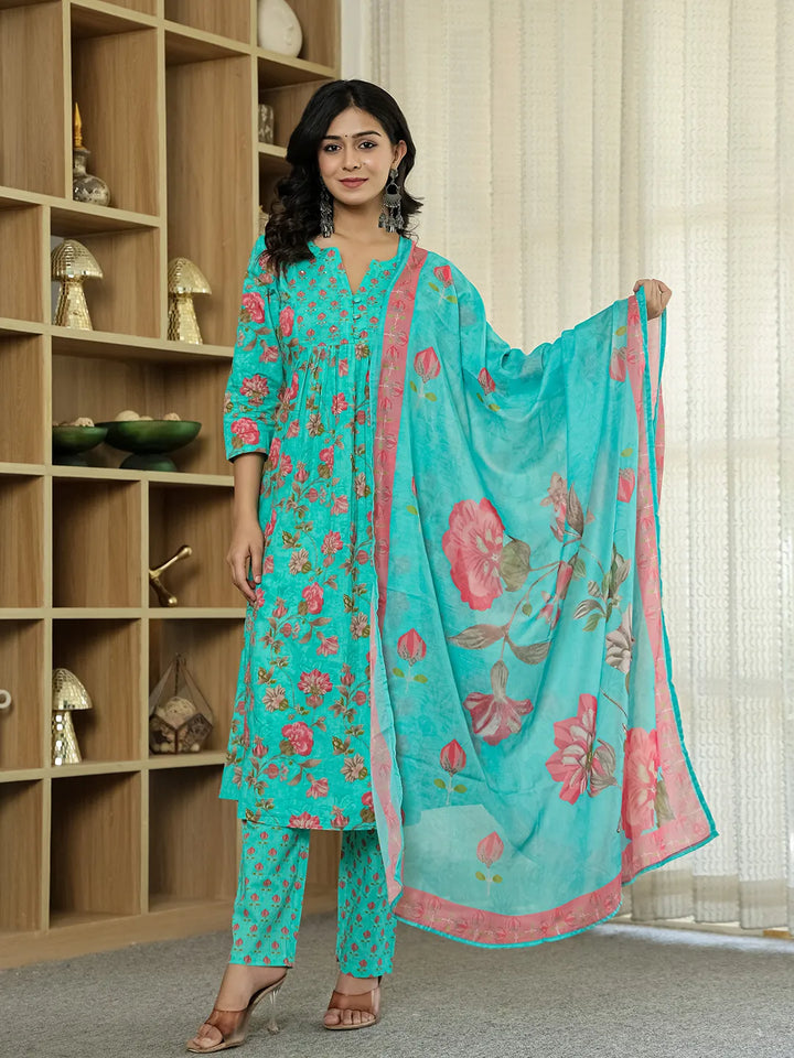 Sea Green Floral Print ALine Kurta Trouser Dupatta Set-Yufta Store-6422SKDSGM
