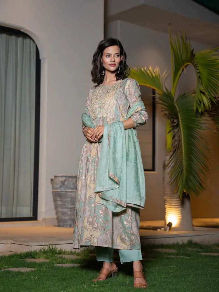 Sea Green Floral Print Malmal Fit And Flare Suit Set-Yufta Store-6964SKDSGS