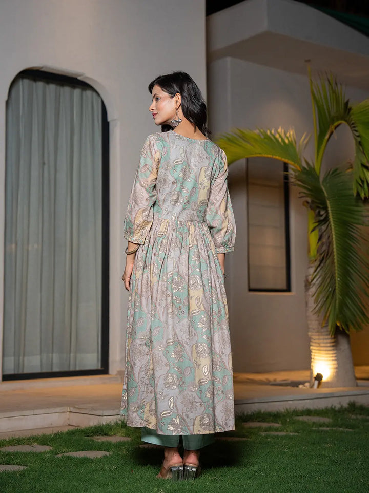 Sea Green Floral Print Malmal Fit And Flare Suit Set-Yufta Store-6964SKDSGS