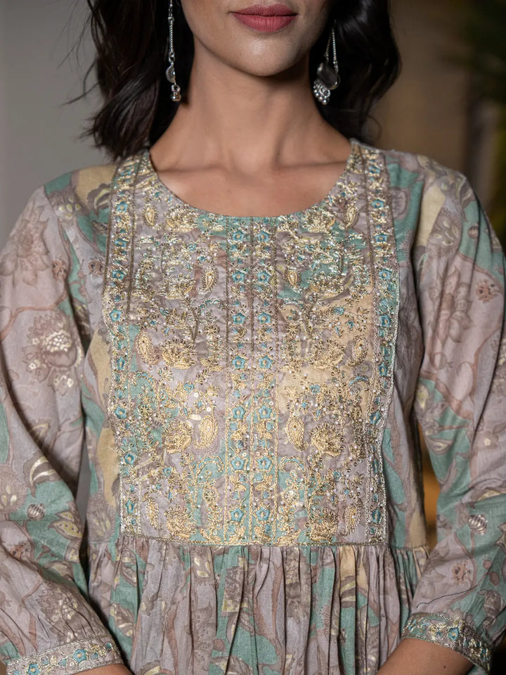 Sea Green Floral Print Malmal Fit And Flare Suit Set-Yufta Store-6964SKDSGS