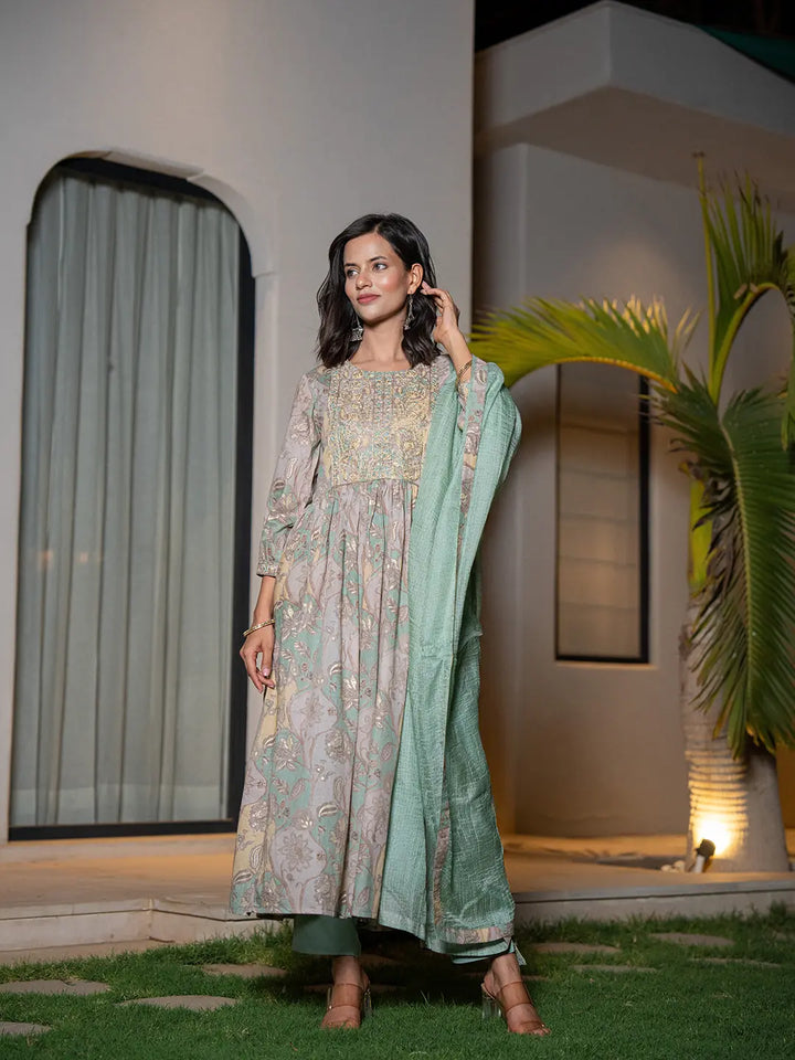 Sea Green Floral Print Malmal Fit And Flare Suit Set-Yufta Store-6964SKDSGS