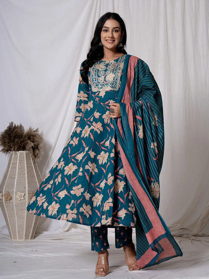 Sea Green Floral Pure Cotton Anarkali Kurta And Trouser With Dupatta Set-Yufta Store-6012SKDSGS