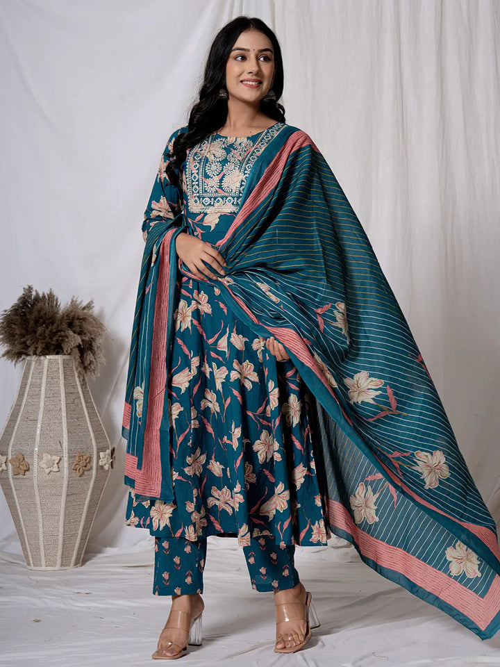 Sea Green Floral Pure Cotton Anarkali Kurta And Trouser With Dupatta Set-Yufta Store-6012SKDSGS