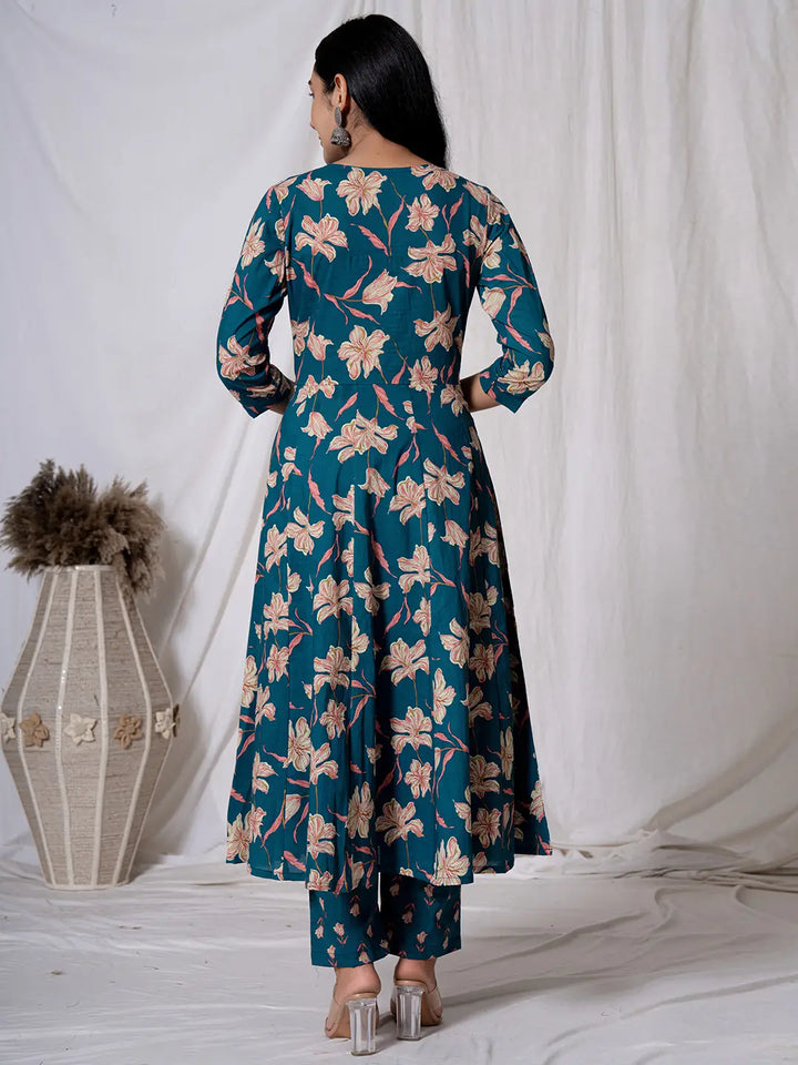 Sea Green Floral Pure Cotton Anarkali Kurta And Trouser With Dupatta Set-Yufta Store-6012SKDSGS