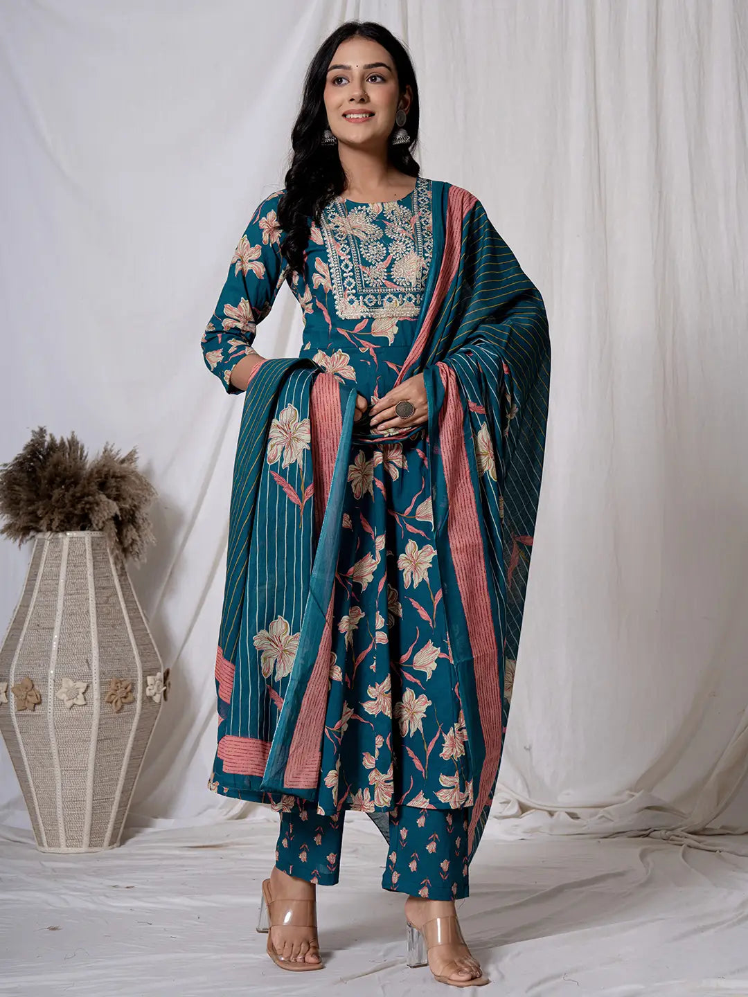 Sea Green Floral Pure Cotton Anarkali Kurta And Trouser With Dupatta Set-Yufta Store-6012SKDSGS