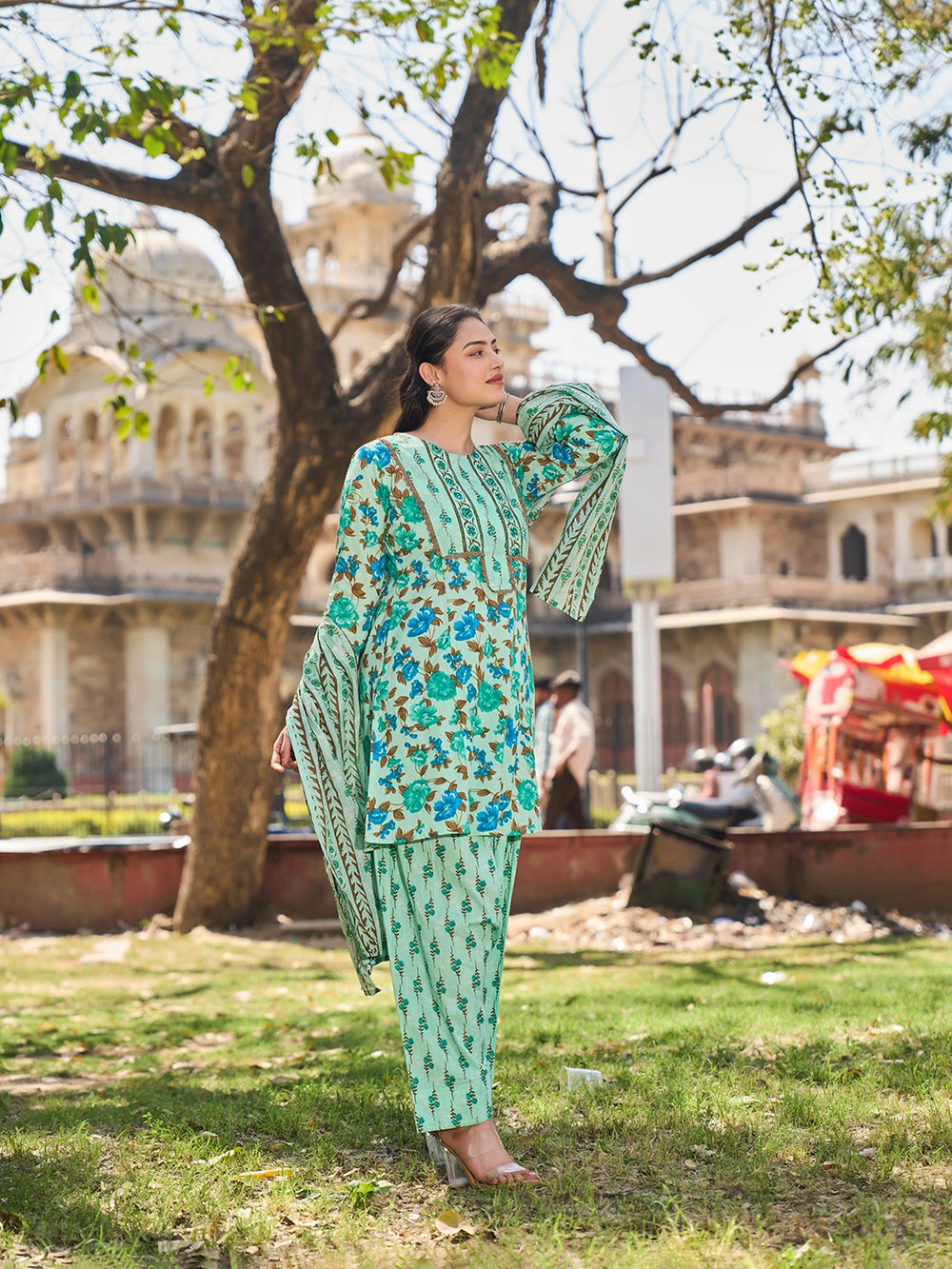 Sea Green Floral Sequins Work A-Line Kurta Salwar Dupatta Set-Yufta Store-7584SKDSGM