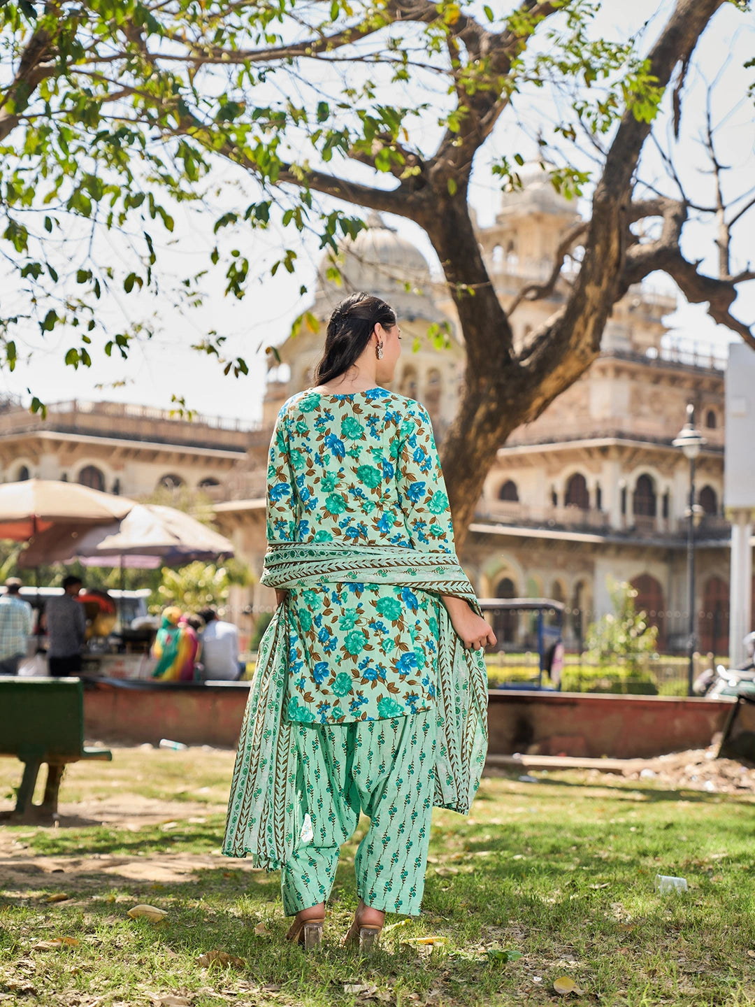 Sea Green Floral Sequins Work A-Line Kurta Salwar Dupatta Set-Yufta Store-7584SKDSGM