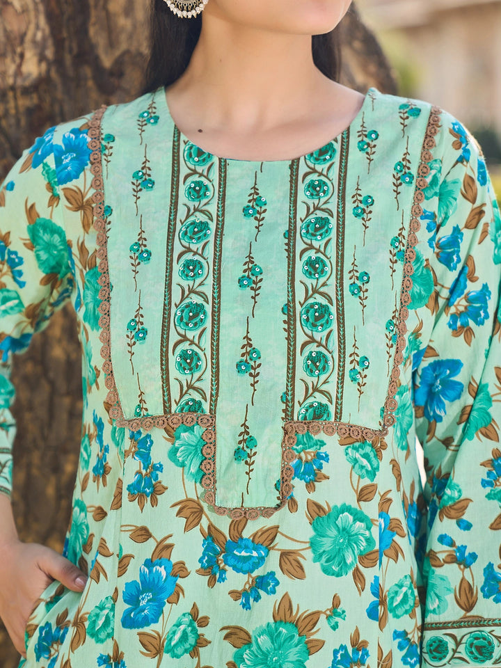 Sea Green Floral Sequins Work A-Line Kurta Salwar Dupatta Set-Yufta Store-7584SKDSGM