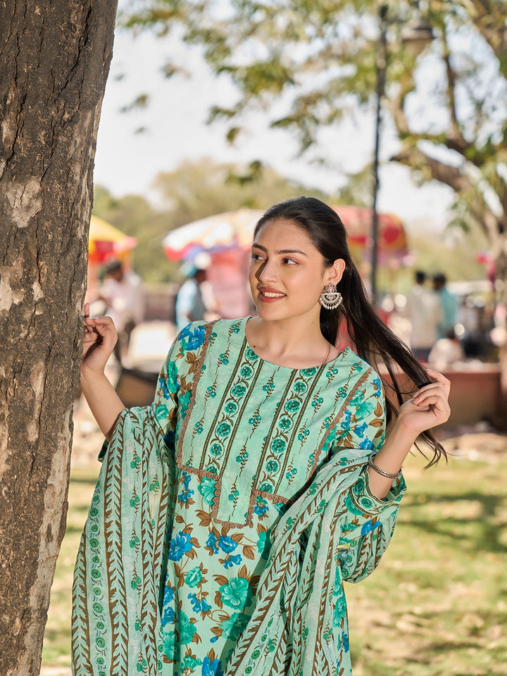 Sea Green Floral Sequins Work A-Line Kurta Salwar Dupatta Set-Yufta Store-7584SKDSGM