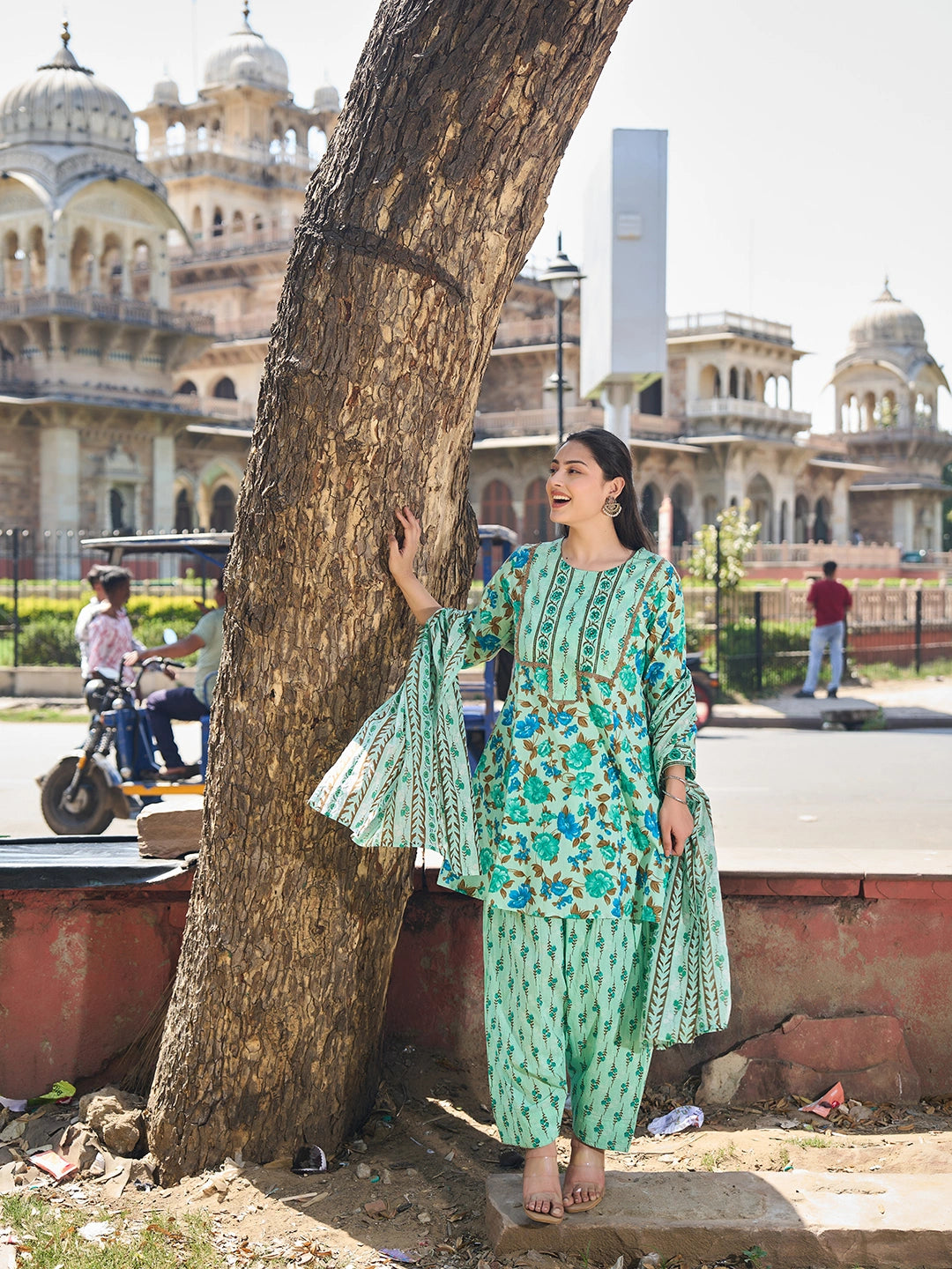 Sea Green Floral Sequins Work A-Line Kurta Salwar Dupatta Set-Yufta Store-7584SKDSGM
