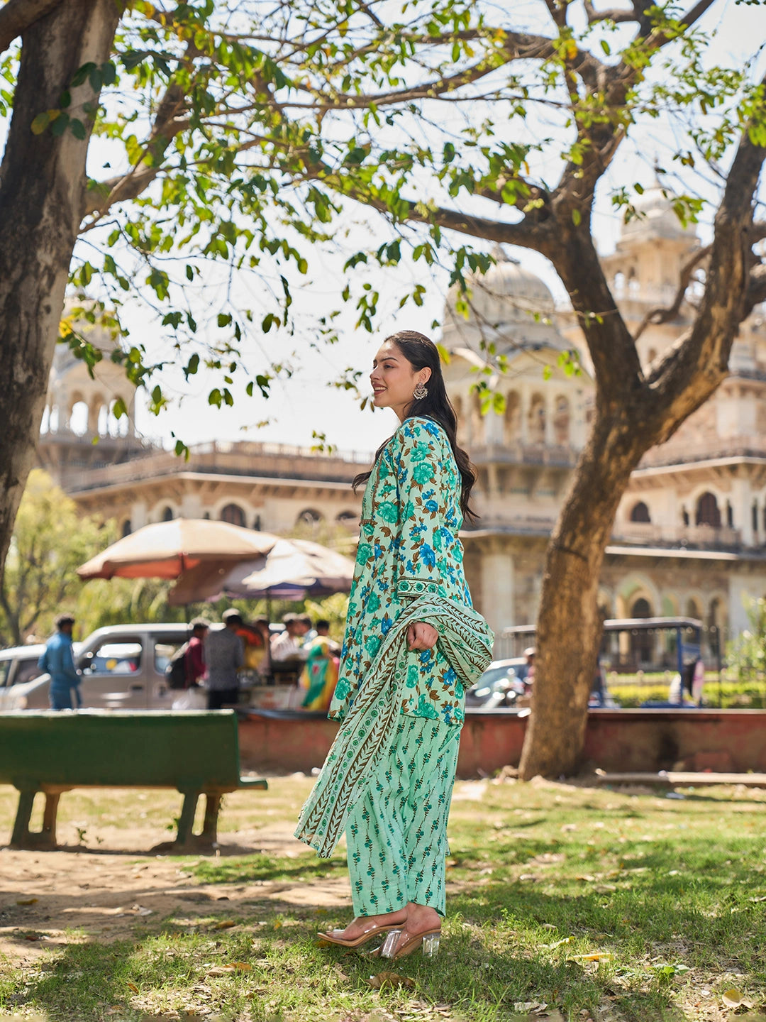 Sea Green Floral Sequins Work A-Line Kurta Salwar Dupatta Set-Yufta Store-7584SKDSGM