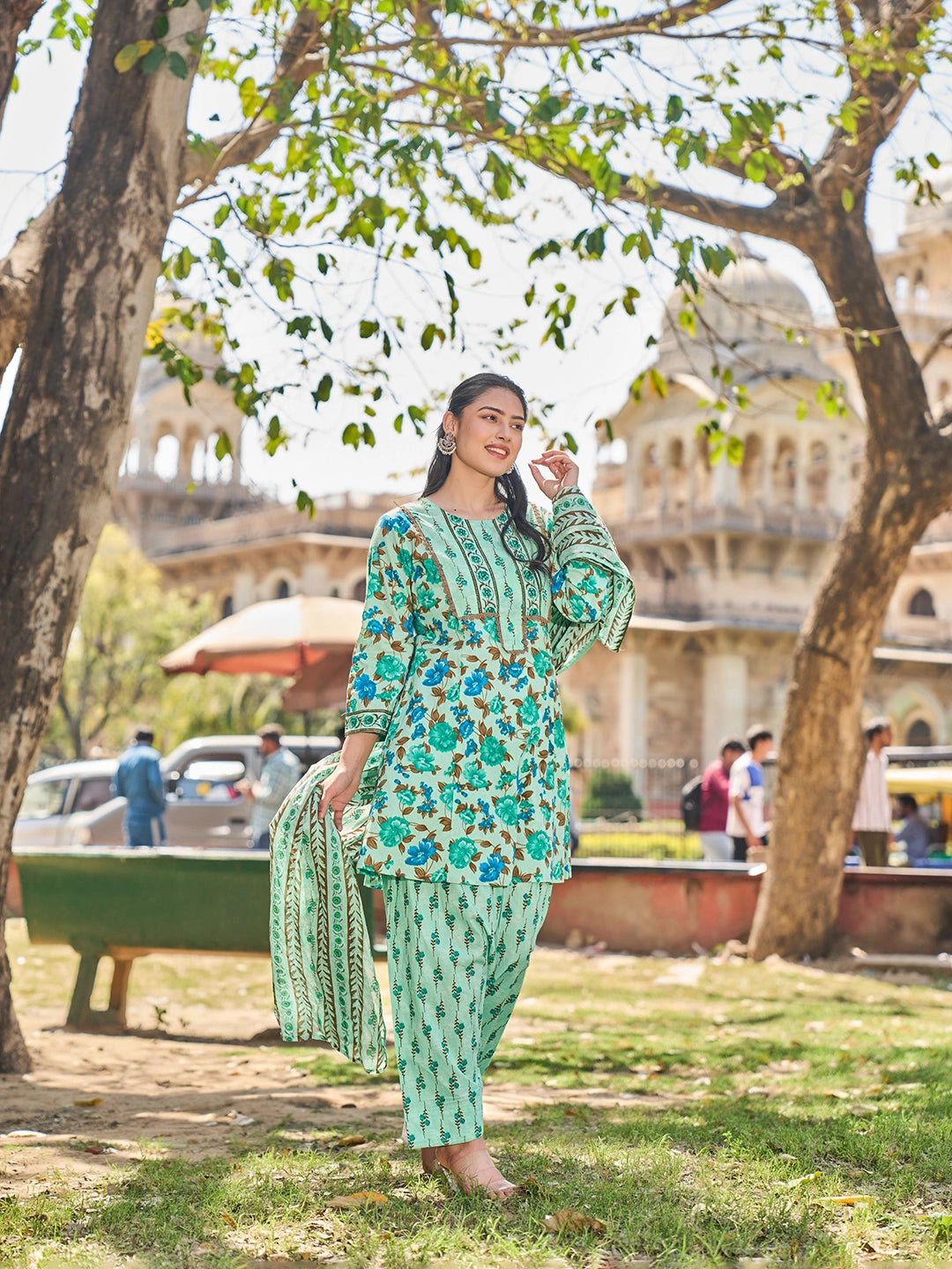 Sea Green Floral Sequins Work A-Line Kurta Salwar Dupatta Set-Yufta Store-7584SKDSGM