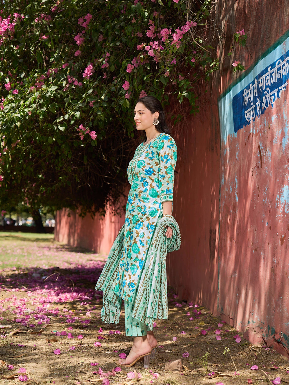 Sea Green Floral Sequins Work Straight Kurta Trouser Dupatta Set-Yufta Store-7564SKDSGM