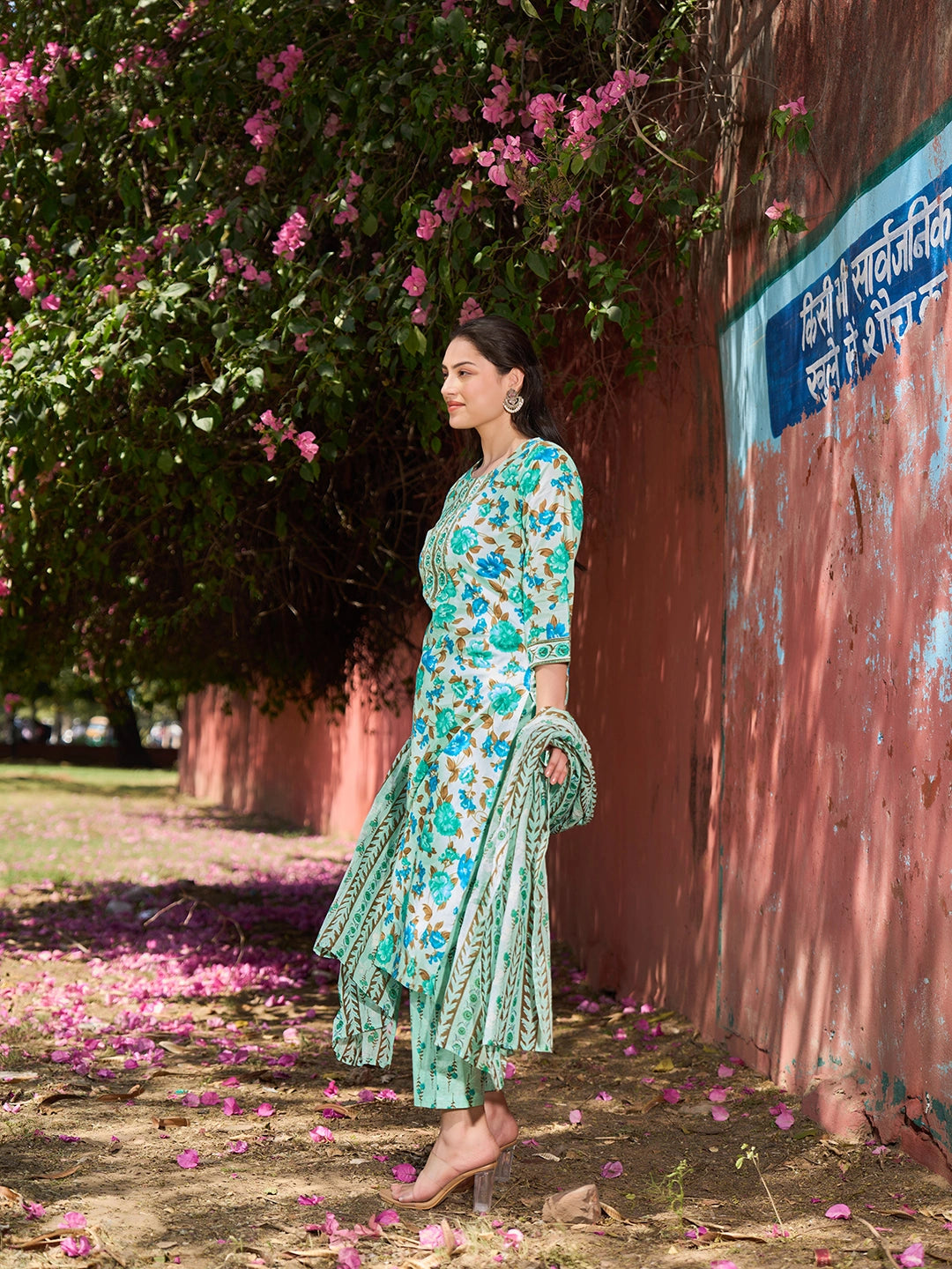 Sea Green Floral Sequins Work Straight Kurta Trouser Dupatta Set-Yufta Store-7564SKDSGM