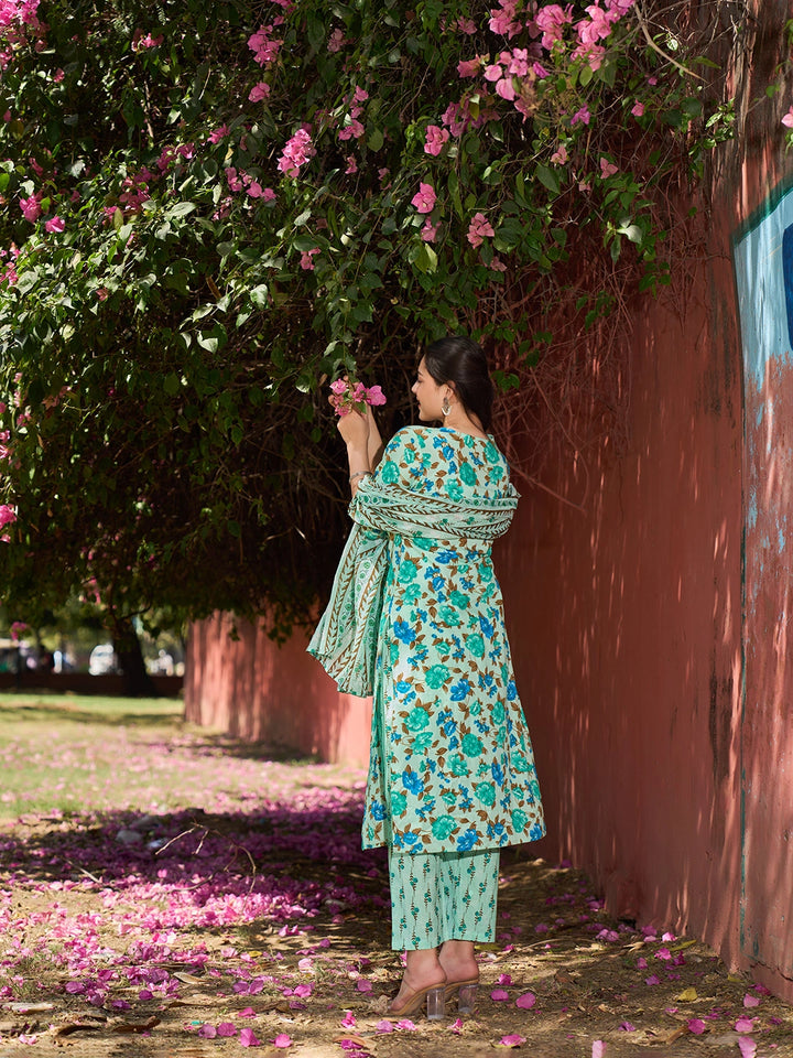Sea Green Floral Sequins Work Straight Kurta Trouser Dupatta Set-Yufta Store-7564SKDSGM