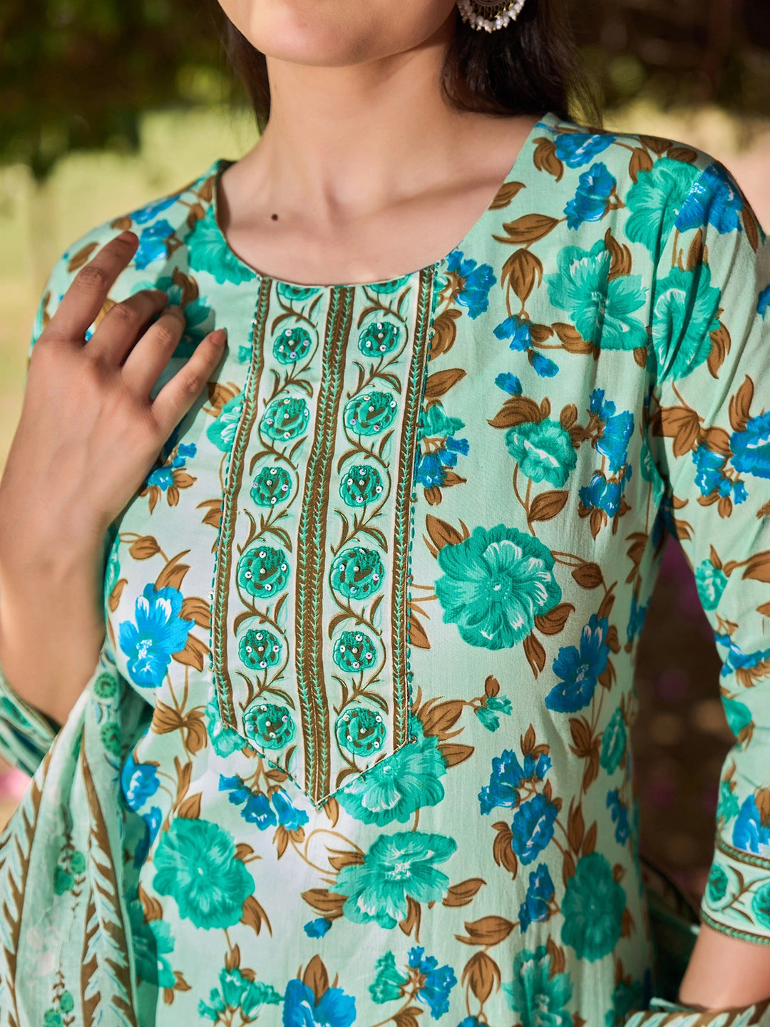 Sea Green Floral Sequins Work Straight Kurta Trouser Dupatta Set-Yufta Store-7564SKDSGM