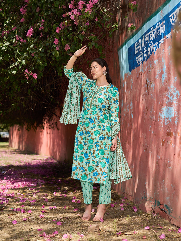 Sea Green Floral Sequins Work Straight Kurta Trouser Dupatta Set-Yufta Store-7564SKDSGM