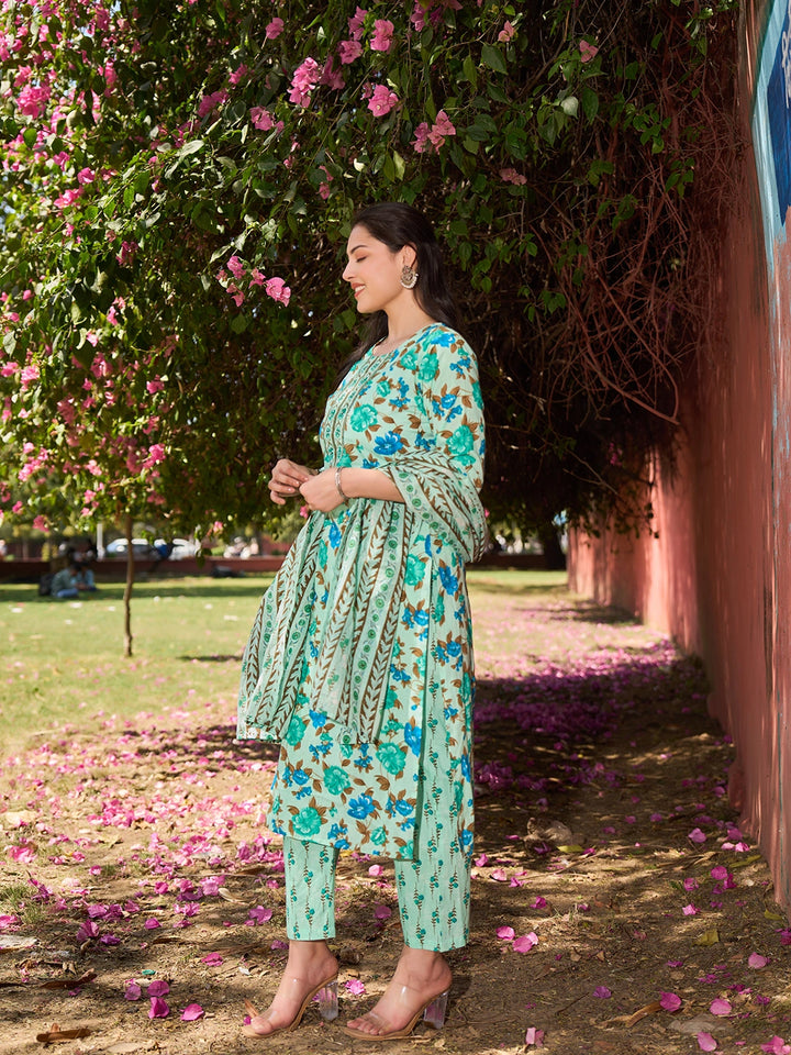 Sea Green Floral Sequins Work Straight Kurta Trouser Dupatta Set-Yufta Store-7564SKDSGM
