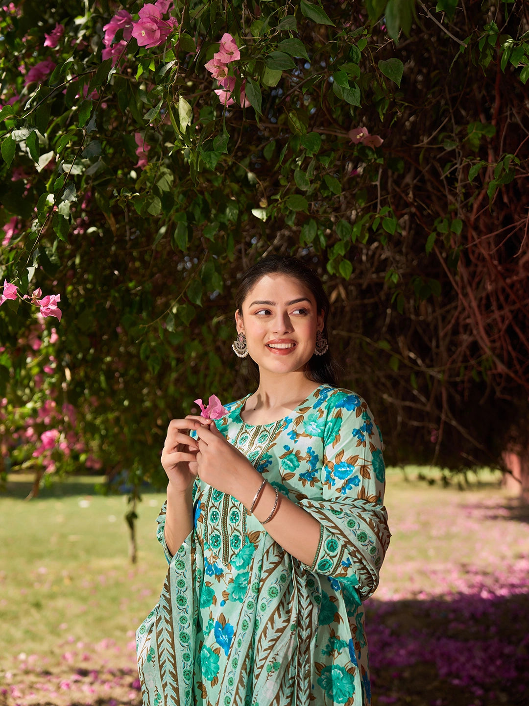 Sea Green Floral Sequins Work Straight Kurta Trouser Dupatta Set-Yufta Store-7564SKDSGM
