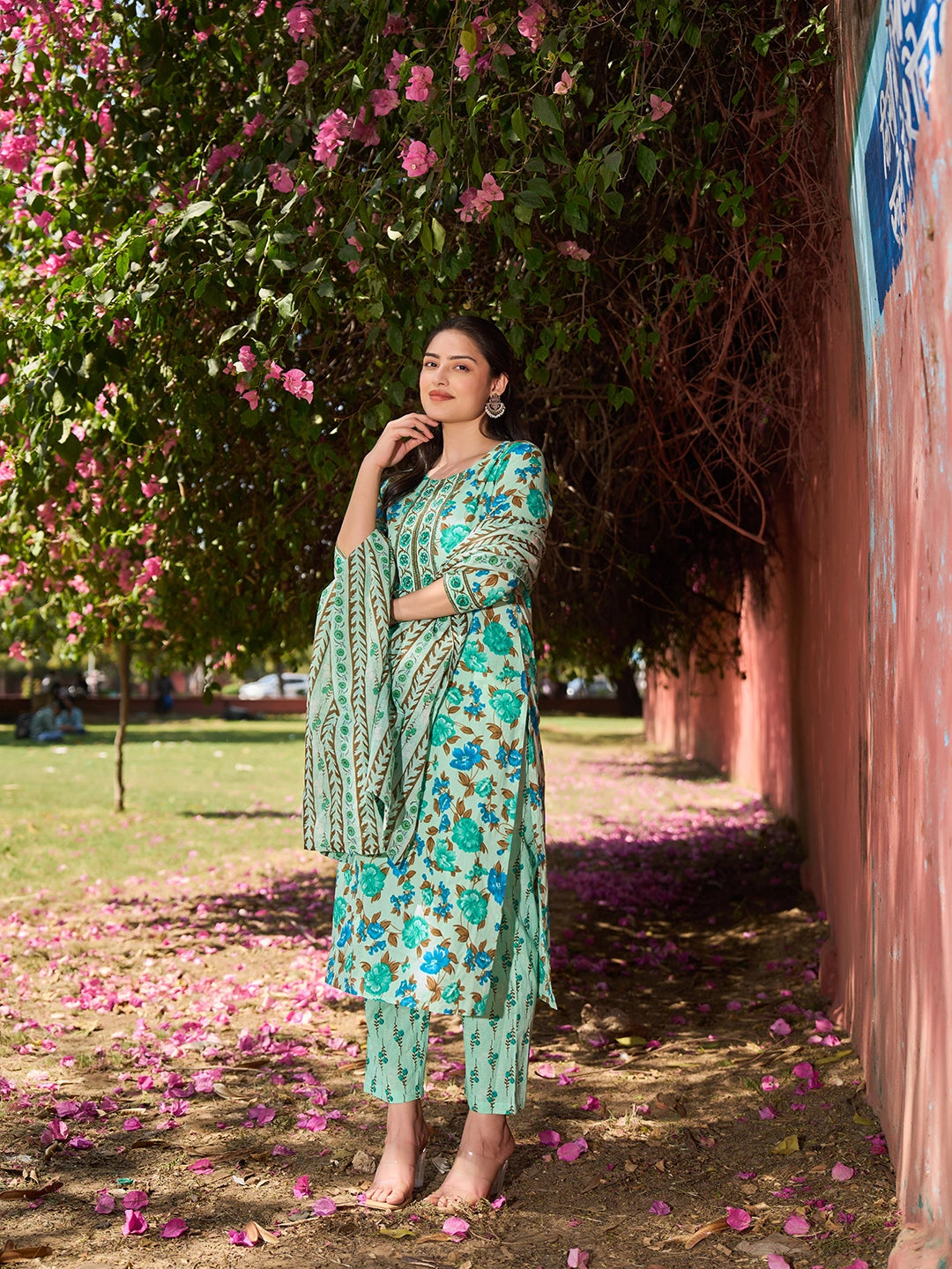 Sea Green Floral Sequins Work Straight Kurta Trouser Dupatta Set-Yufta Store-7564SKDSGM
