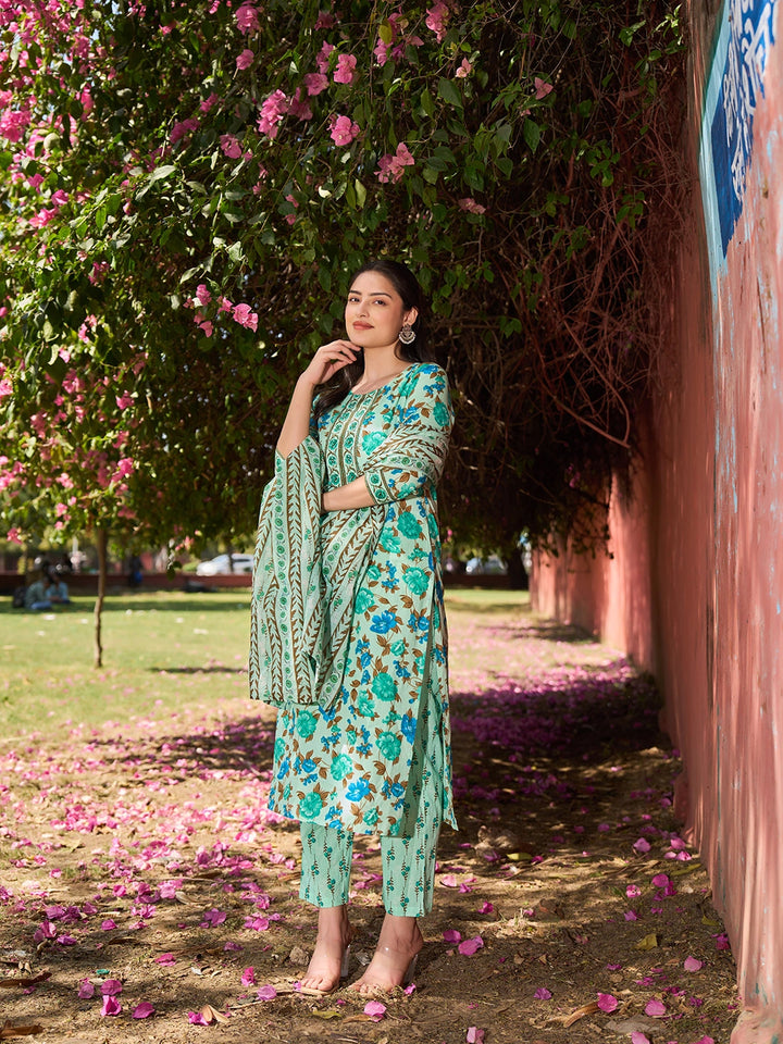 Sea Green Floral Sequins Work Straight Kurta Trouser Dupatta Set-Yufta Store-7564SKDSGM