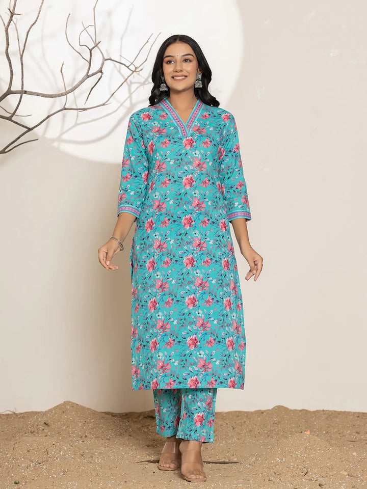 Sea Green Sequins_Work Cotton Straight Kurta & Trousers Set-Yufta Store-6860SETSGS