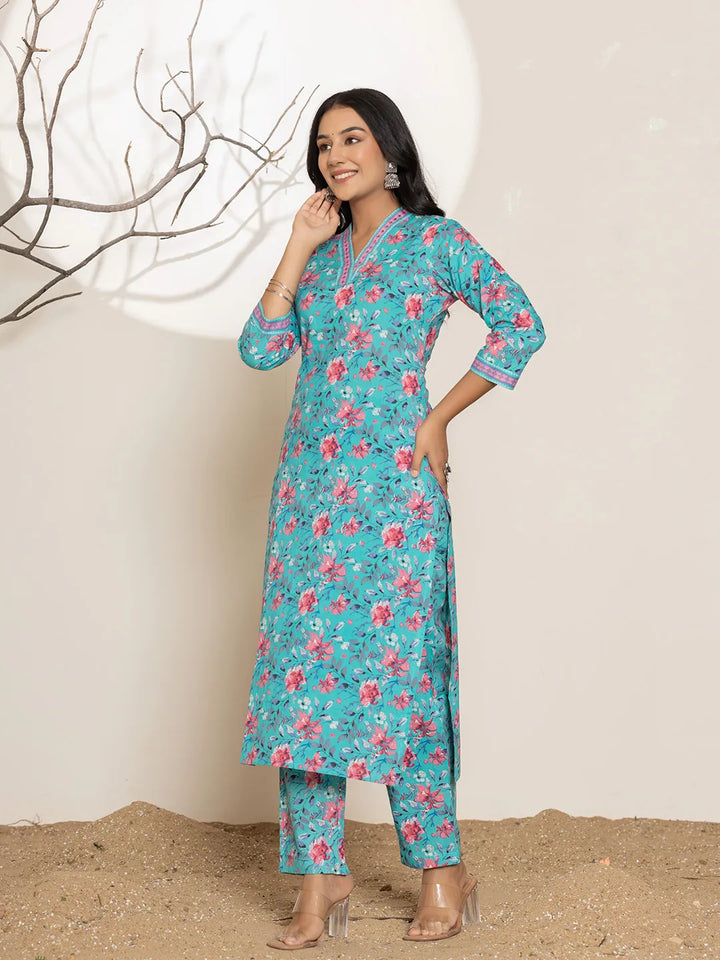 Sea Green Sequins_Work Cotton Straight Kurta & Trousers Set-Yufta Store-6860SETSGS