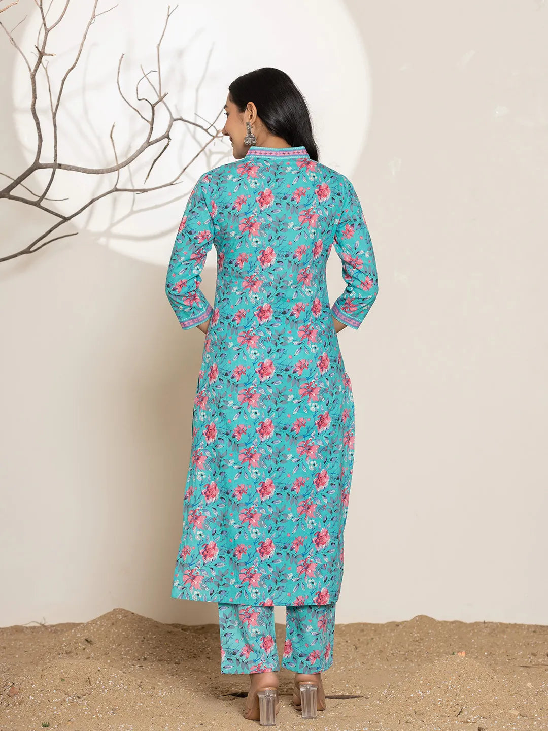 Sea Green Sequins_Work Cotton Straight Kurta & Trousers Set-Yufta Store-6860SETSGS