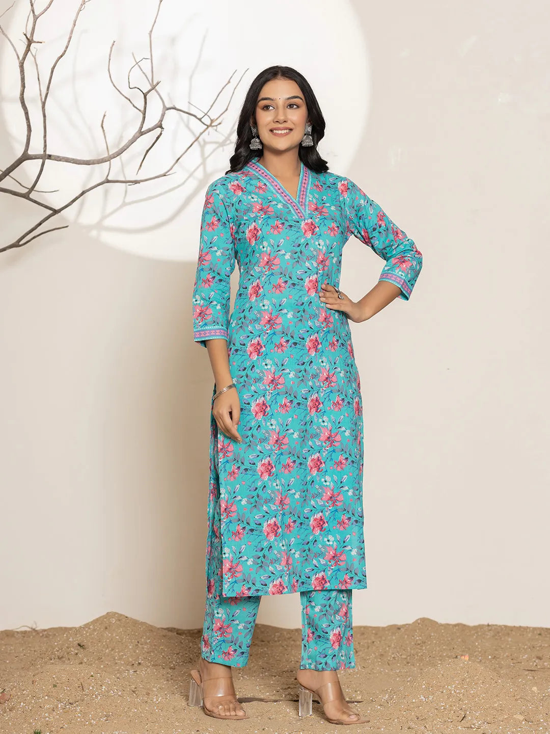 Sea Green Sequins_Work Cotton Straight Kurta & Trousers Set-Yufta Store-6860SETSGS