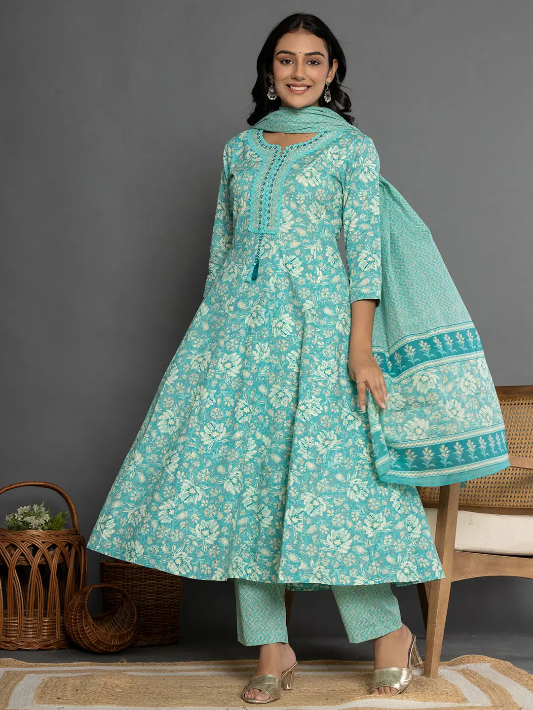 Sea Green Mirror_Work Cotton Anarkali Kurta Duppta Set-Yufta Store-1895SKDSGS