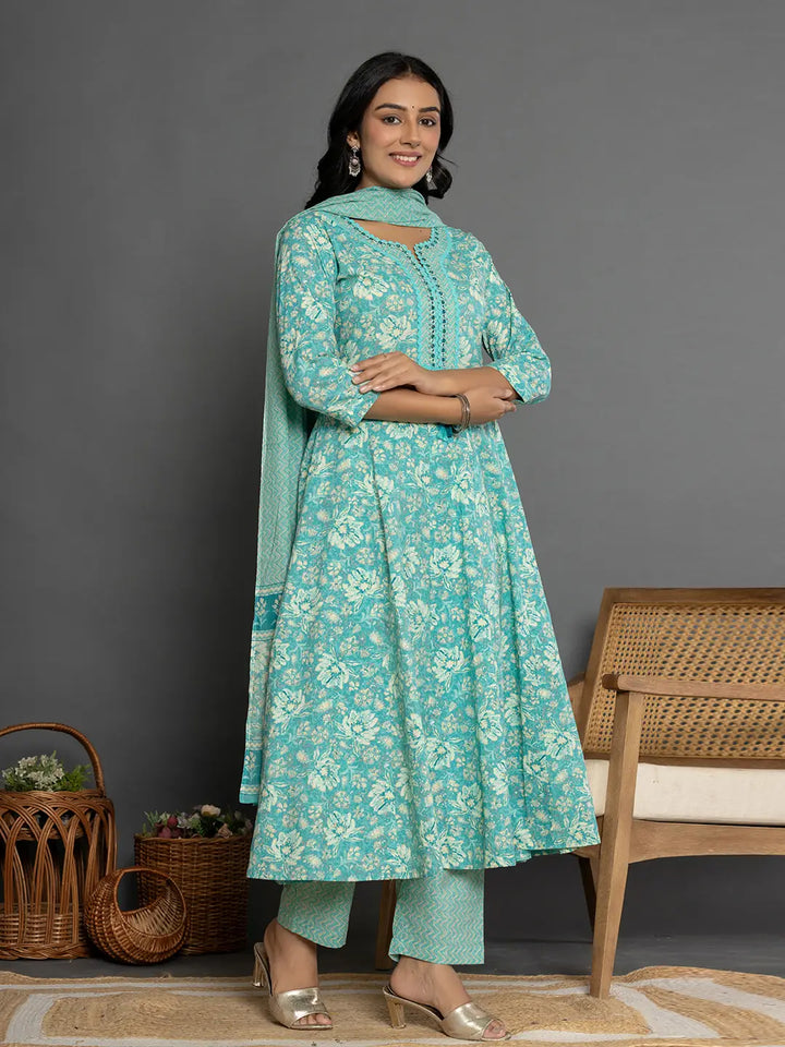 Sea Green Mirror_Work Cotton Anarkali Kurta Duppta Set-Yufta Store-1895SKDSGS